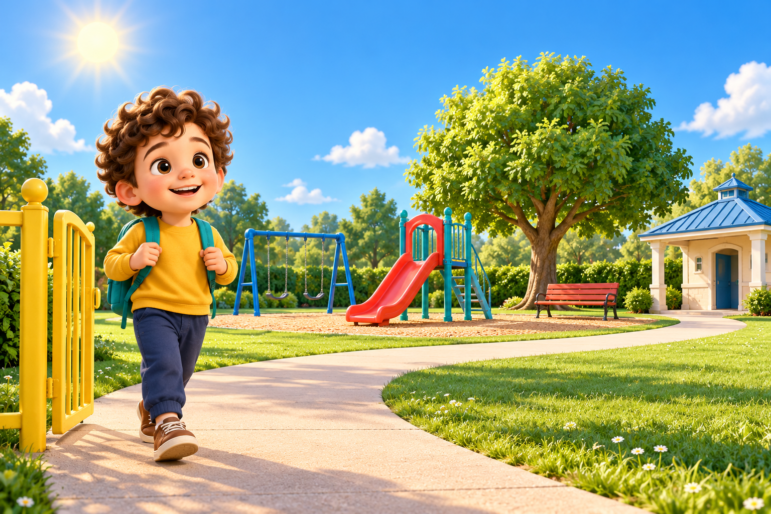 A boy arriving at the playground in sunshine
